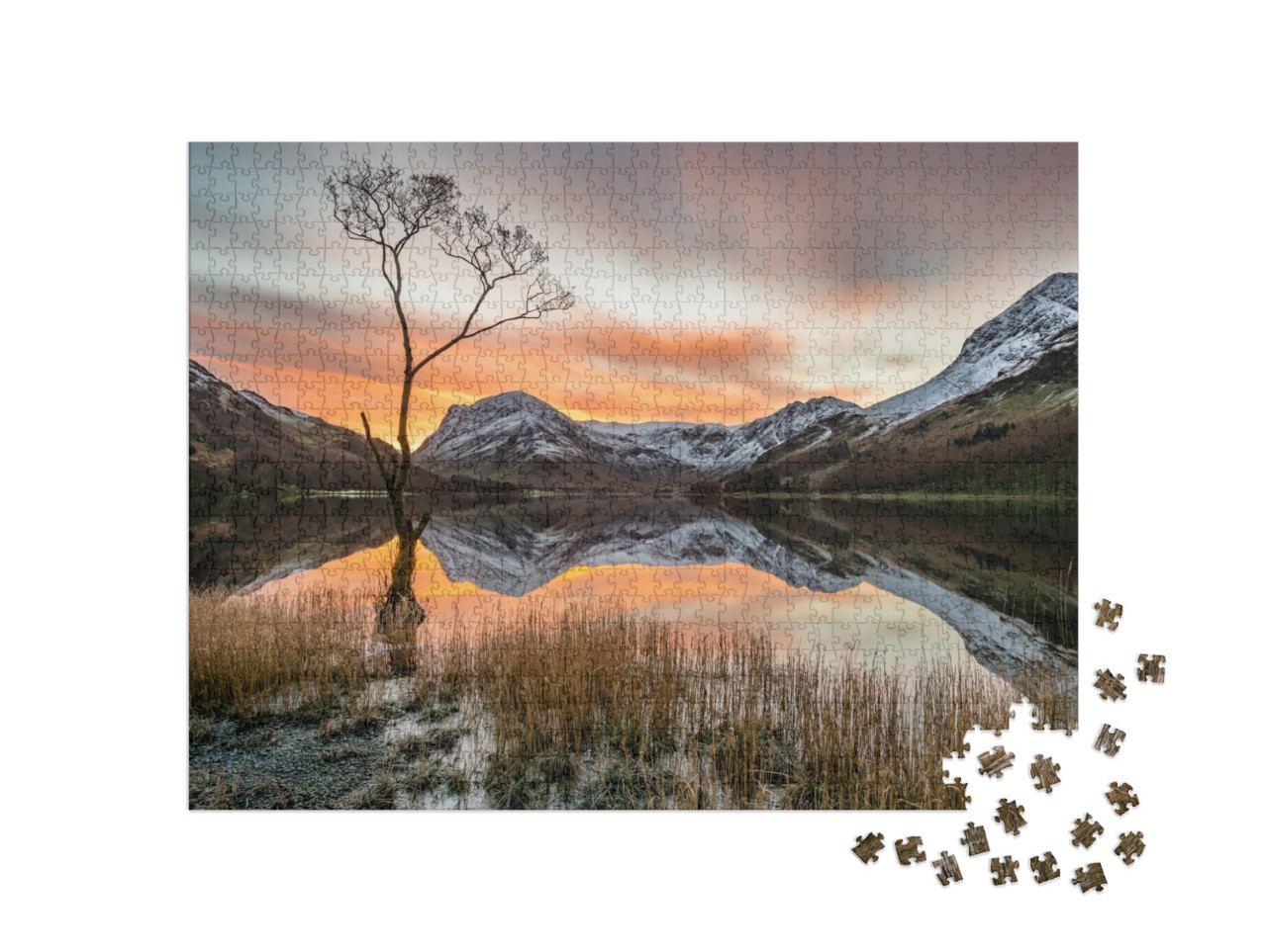 Vibrant Orange Sunrise with Moving Clouds & Snowcapped Mo... Jigsaw Puzzle with 1000 pieces