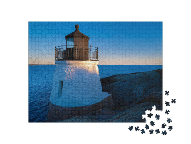 White Lighthouse on the Rocky Cliff At Sunrise. Castle Hi... Jigsaw Puzzle with 1000 pieces