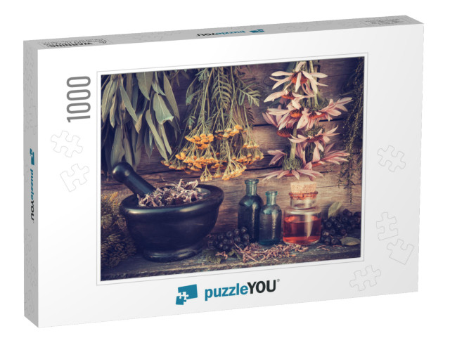 Vintage Stylized Photo of Healing Herbs Bunches, Black Mo... Jigsaw Puzzle with 1000 pieces