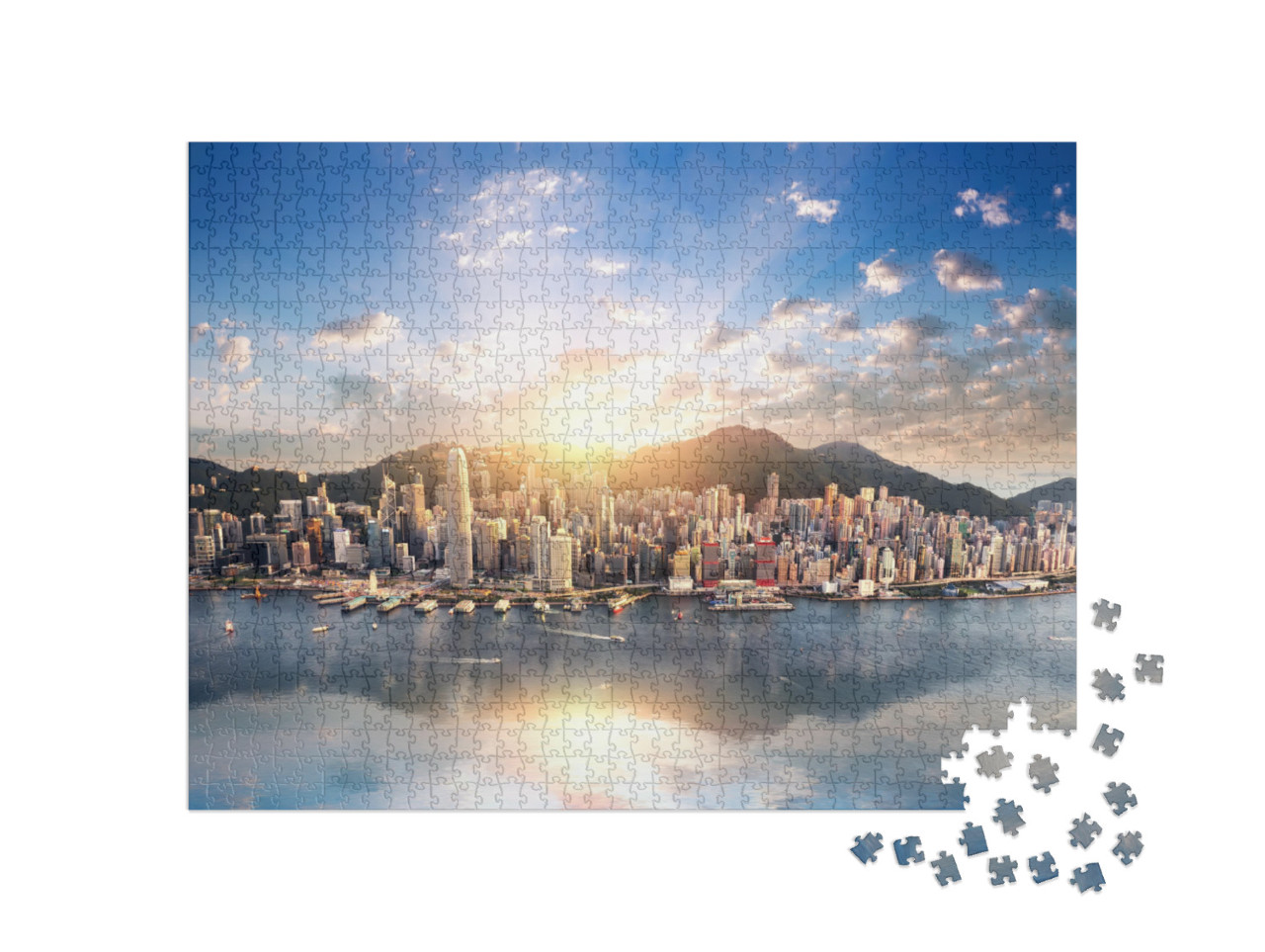 Hong Kong Skyline. Hongkong Her Aerial Cityscape with Sun... Jigsaw Puzzle with 1000 pieces