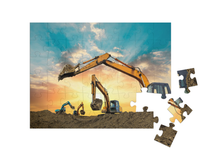 Four Excavators Work on Construction Site At Sunset... Jigsaw Puzzle with 48 pieces