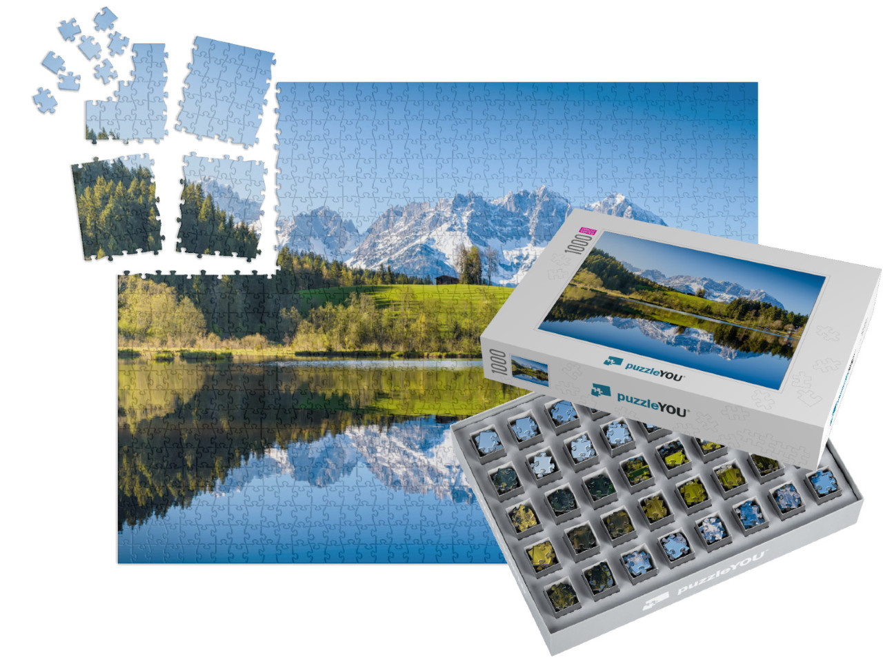 Idyllic Alpine Scenery, Snowy Mountains Mirroring in a Sm... | SMART SORTED® | Jigsaw Puzzle with 1000 pieces