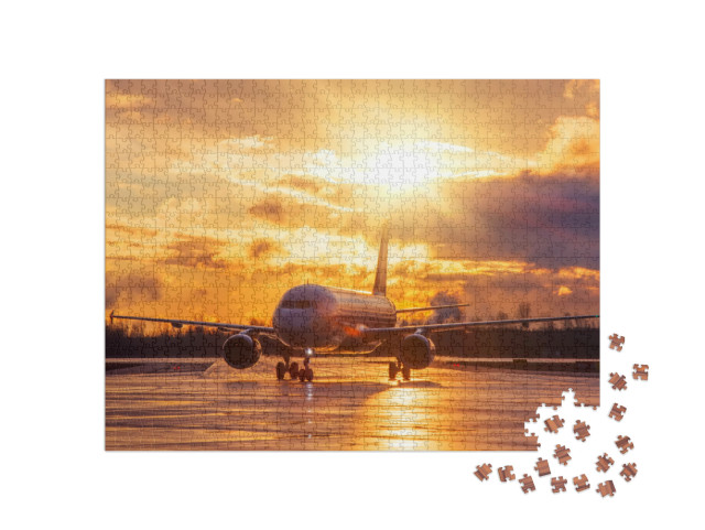 Airplane on Airport Runway Under Sunset View Dramatic Sky... Jigsaw Puzzle with 1000 pieces