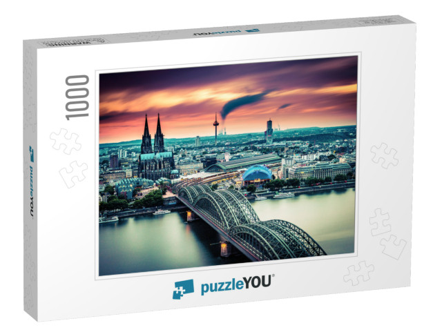 Long Exposure Sunset Moving Clouds Over the City Cologne... Jigsaw Puzzle with 1000 pieces