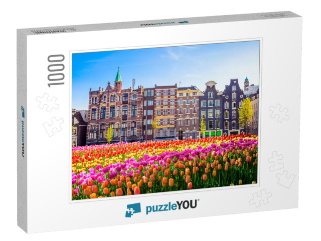 Traditional Old Buildings & Tulips in Amsterdam, Netherla... Jigsaw Puzzle with 1000 pieces