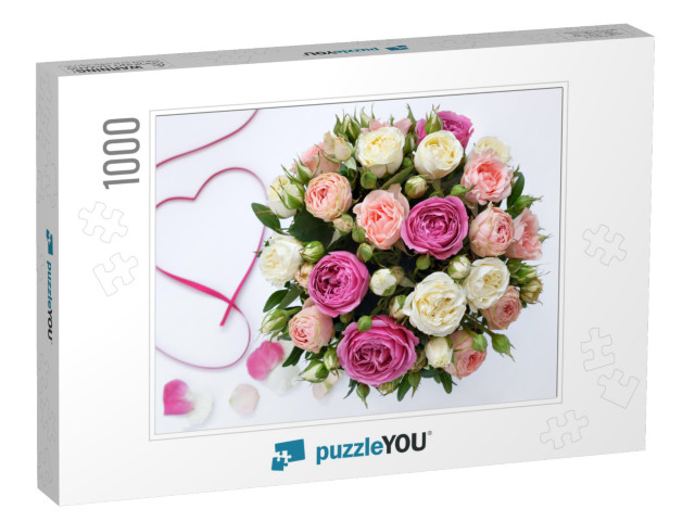 Bouquet of Roses on a White Background, Close-Up with a B... Jigsaw Puzzle with 1000 pieces