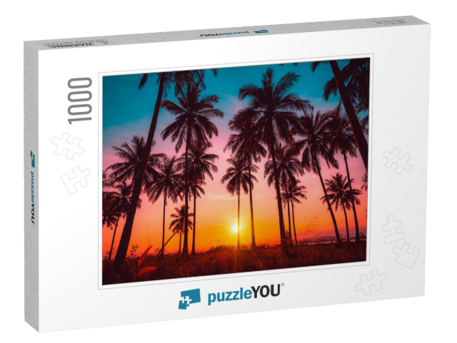 Silhouette Coconut Palm Trees on Beach At Sunset. Vintage... Jigsaw Puzzle with 1000 pieces