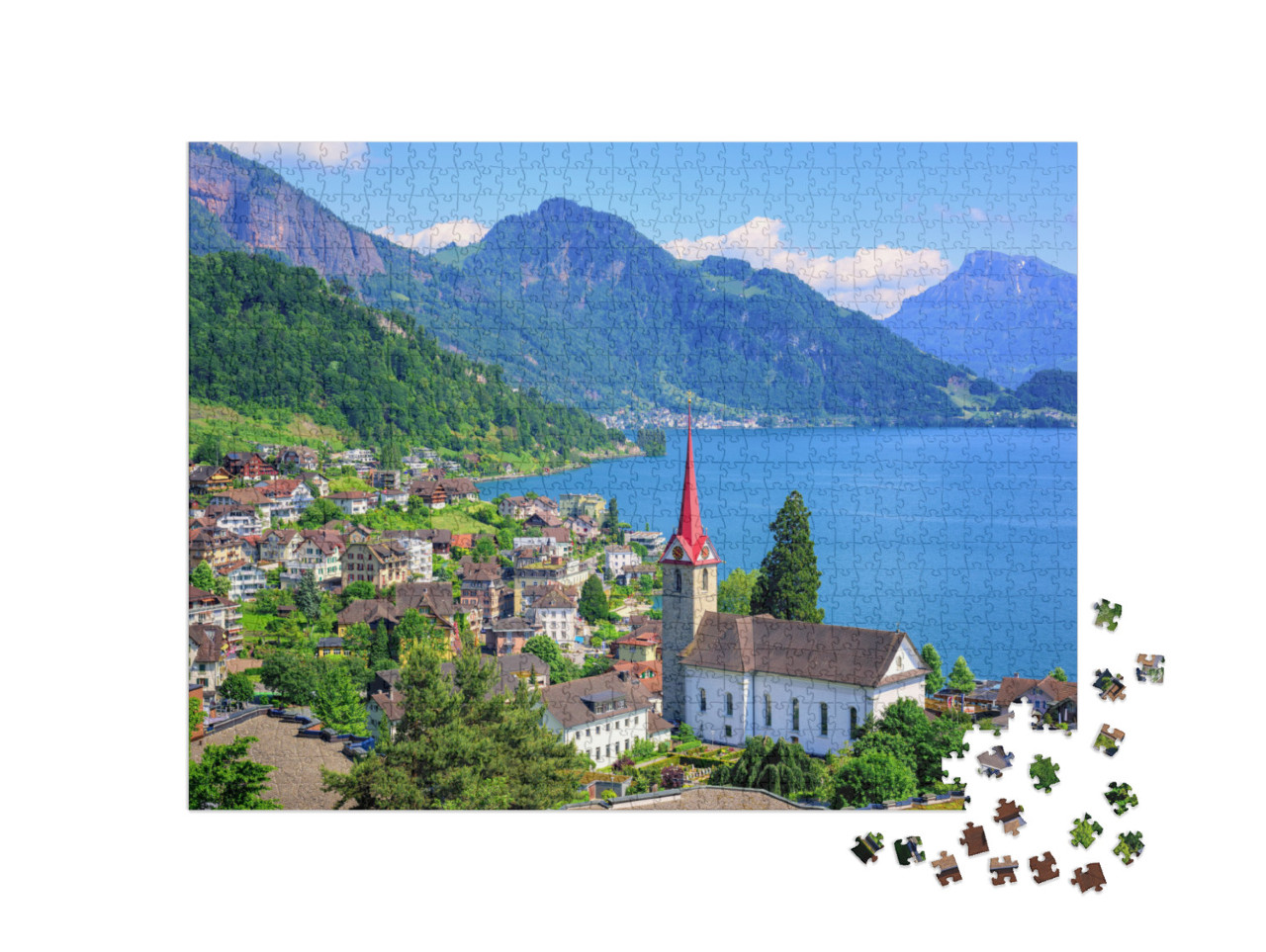 Little Swiss Town with Gothic Church on Lake Lucerne & Al... Jigsaw Puzzle with 1000 pieces