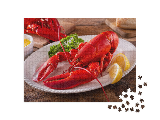 Fresh Cooked American Lobster on a Plate with Lemon... Jigsaw Puzzle with 1000 pieces