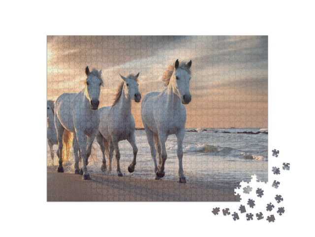 Herd of White Horses Running Through the Water. Image Tak... Jigsaw Puzzle with 1000 pieces