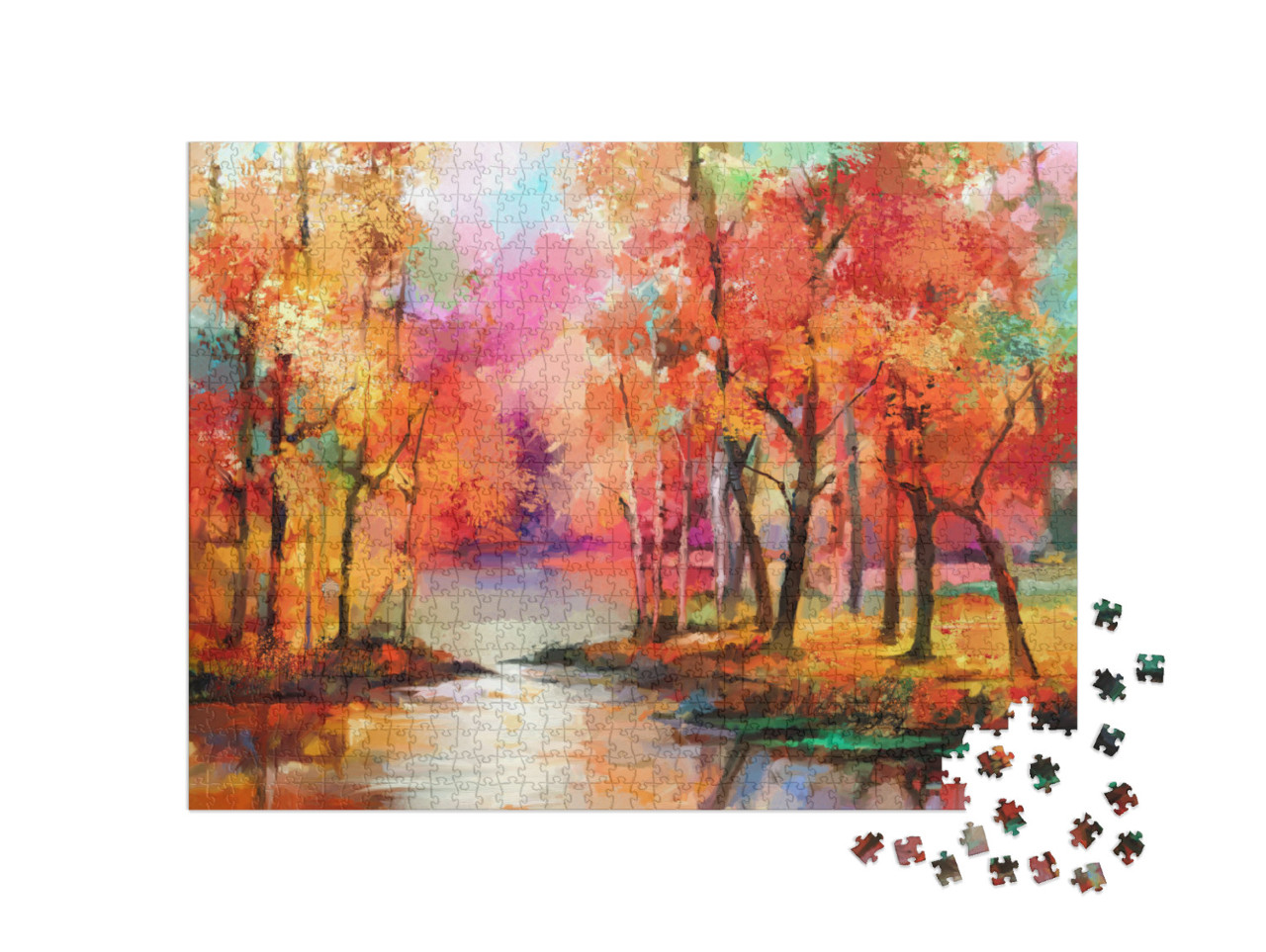 Oil Painting Colorful Autumn Trees. Semi Abstract Image o... Jigsaw Puzzle with 1000 pieces