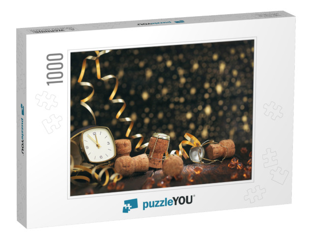 New Year Clock & Champagne Cap on Wooden Background... Jigsaw Puzzle with 1000 pieces