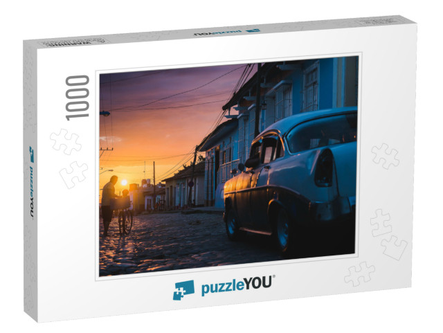 Cuban Street Sunset with Old-Timer in Trinidad, Cuba... Jigsaw Puzzle with 1000 pieces