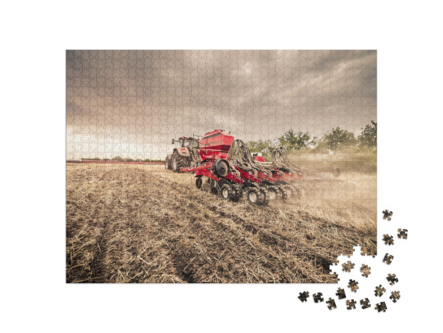 Modern Red Tractor with Red Implement Seeding Directly In... Jigsaw Puzzle with 1000 pieces