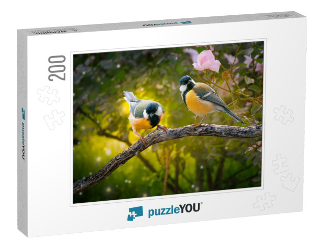 Fantasy Portrait of Two Tit Birds Sitting on Tree Branch... Jigsaw Puzzle with 200 pieces