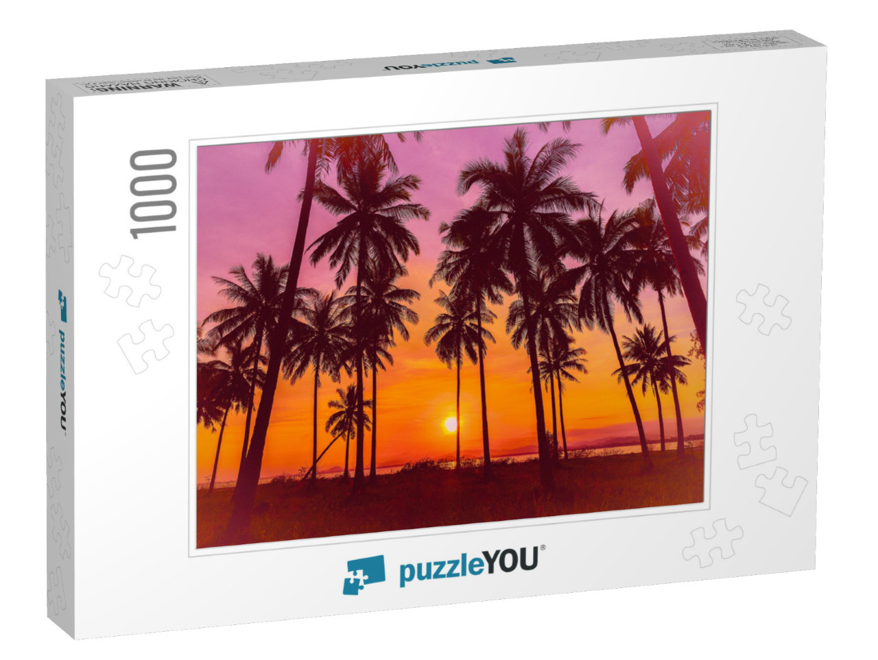 Silhouette Coconut Palm Trees on Beach At Sunset. Vintage... Jigsaw Puzzle with 1000 pieces