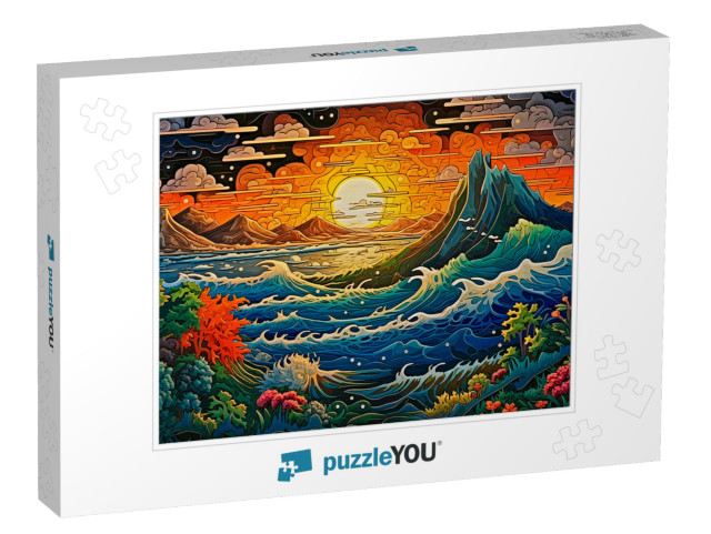 As the Sun Sets between the Mountains, the Choppy Sea Rages Jigsaw Puzzle