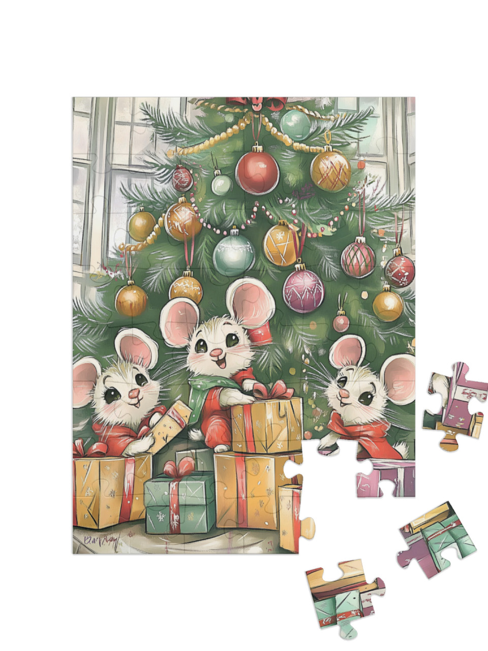 Mouse Children Open Their Presents Jigsaw Puzzle with 48 pieces