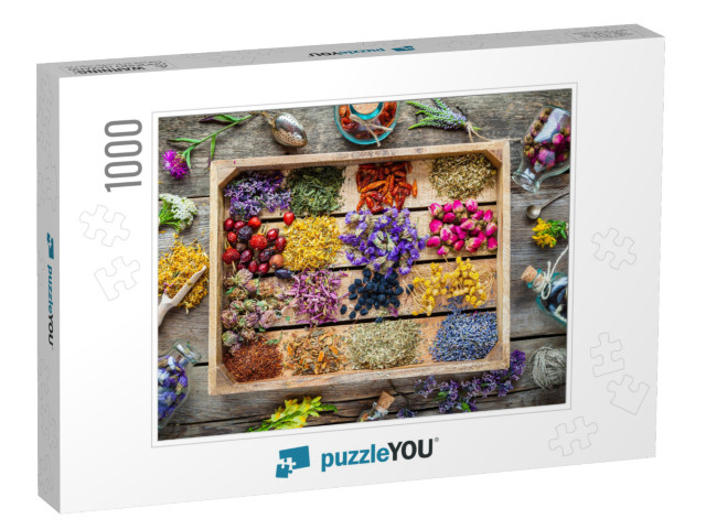 Healing Herbs in Wooden Box on Table, Herbal Medicine, To... Jigsaw Puzzle with 1000 pieces