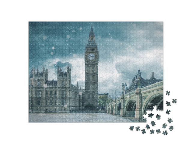 Big Ben & Westminster Bridge on a Cold, Snowy Winter Day... Jigsaw Puzzle with 1000 pieces