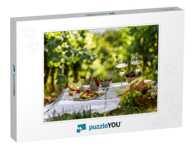 Picnic with Glasses of White Wine on a Vineyard. Two Glas... Jigsaw Puzzle