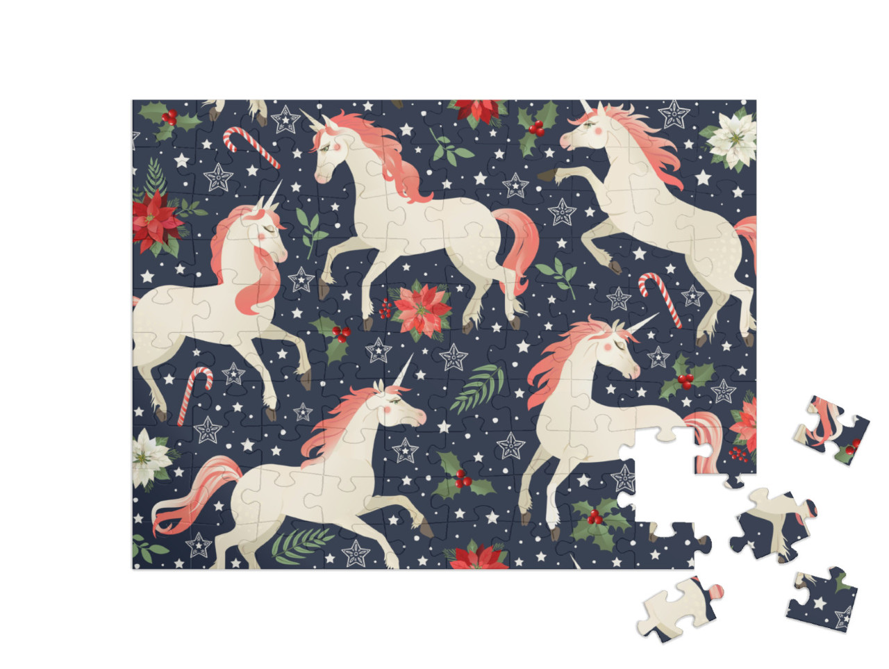 Middle Ages Print Unicorns on a Christmas Floral Backgrou... Jigsaw Puzzle with 100 pieces