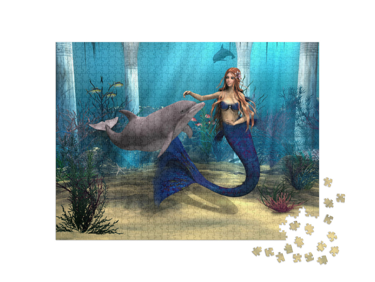 3D Digital Render of a Cute Mermaid & Dolphin on Blue Fan... Jigsaw Puzzle with 1000 pieces