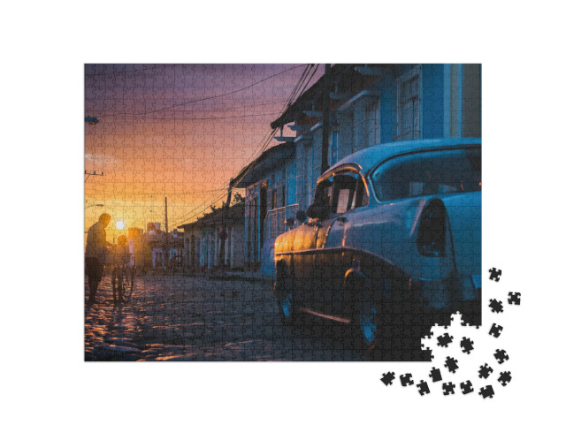 Cuban Street Sunset with Old-Timer in Trinidad, Cuba... Jigsaw Puzzle with 1000 pieces