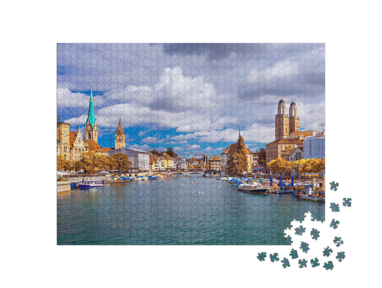 Historic Zurich City Center with Famous Fraumunster & Gro... Jigsaw Puzzle with 1000 pieces