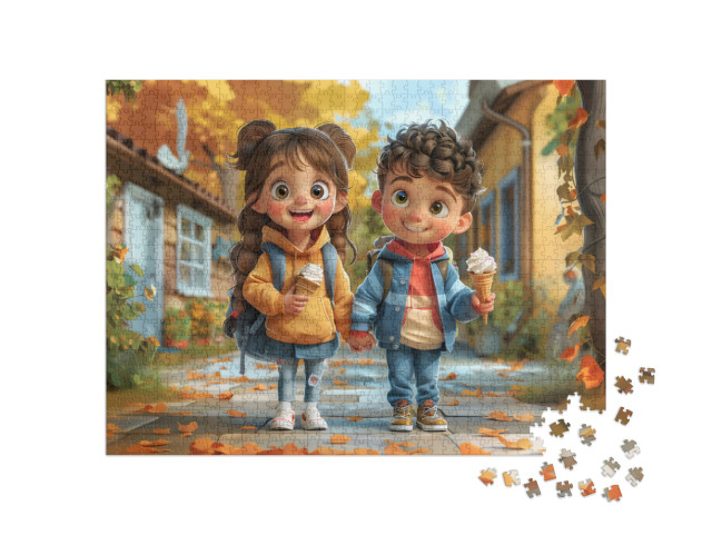 Walking to School with Ice Cream in the Fall Jigsaw Puzzle with 1000 pieces