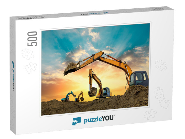 Four Excavators Work on Construction Site At Sunset... Jigsaw Puzzle with 500 pieces