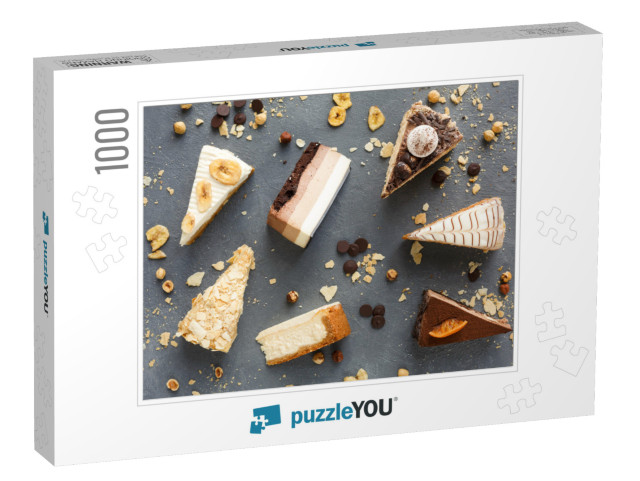 Assortment of Pieces of Cake on Messy Table, Copy Space... Jigsaw Puzzle with 1000 pieces