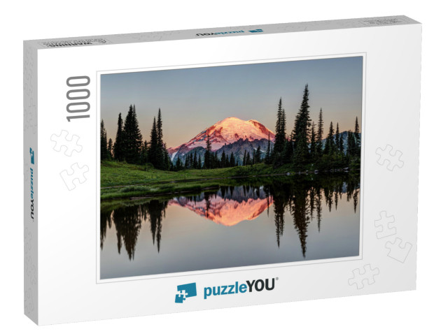 The Glowing Peak of Mount Rainier At Dawn with a Calm Ref... Jigsaw Puzzle with 1000 pieces