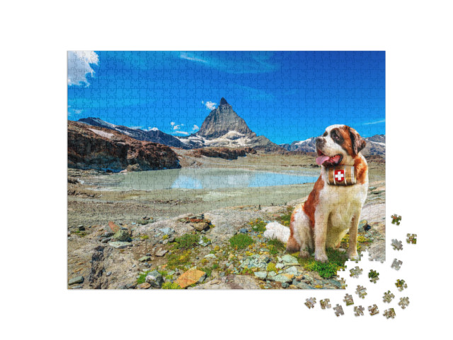 Saint Bernard Rescue Dog with Keg of Brandy in Alpine Mea... Jigsaw Puzzle with 1000 pieces