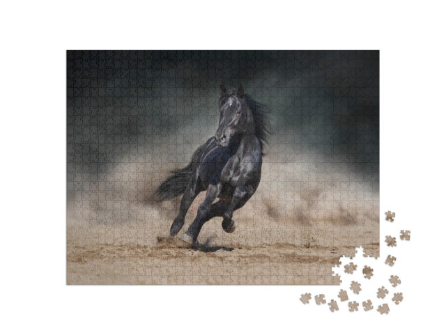 Black Stallion Run on Desert Dust Against Dramatic Backgr... Jigsaw Puzzle with 1000 pieces