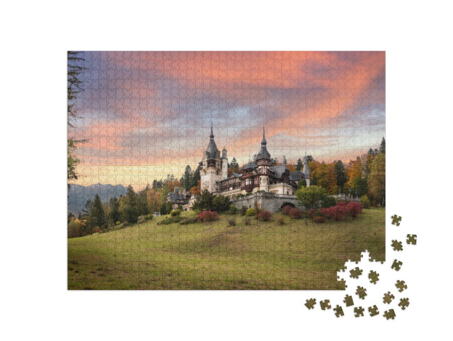 Panorama of Peles Castle, Romania. Beautiful Famous Royal... Jigsaw Puzzle with 1000 pieces