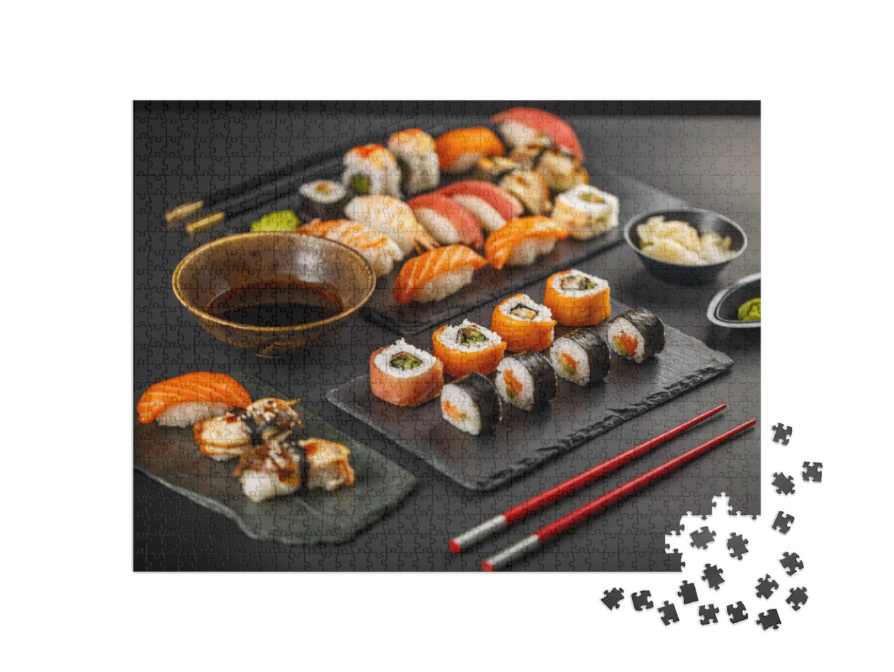 Fresh & Delicious Sushi Set on Black Slate... Jigsaw Puzzle with 1000 pieces