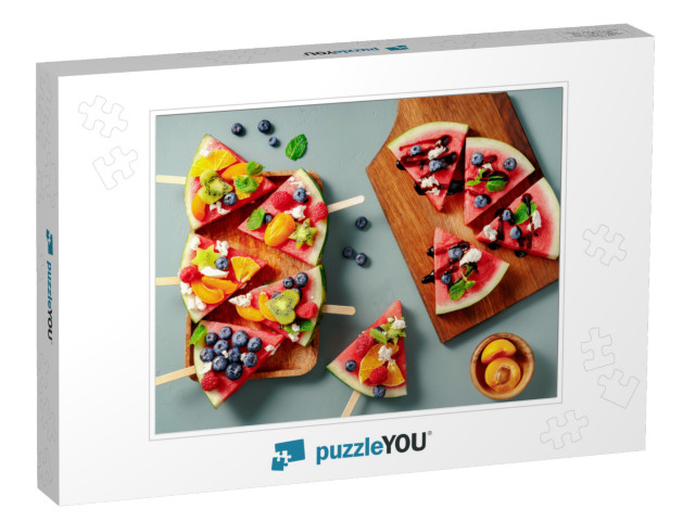 Watermelon Pizza Bar on Blue Table. Watermelon with Assor... Jigsaw Puzzle