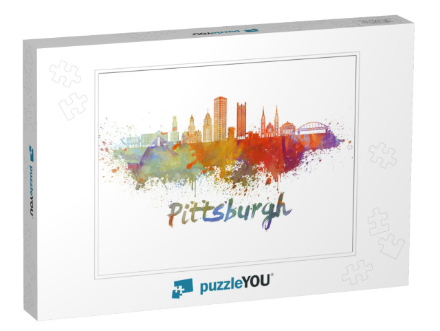 Pittsburgh V2 Skyline in Watercolor Splatters with Clippi... Jigsaw Puzzle