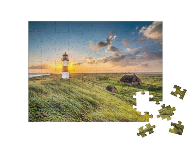 Sunrise At Lighthouse in List on the Island of Sylt, Schl... Jigsaw Puzzle with 100 pieces