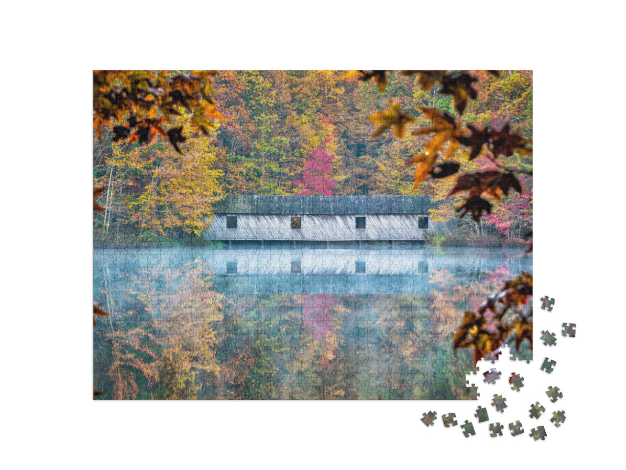 As Mist Rises from the Calm Waters, Fall Colors Are Refle... Jigsaw Puzzle with 1000 pieces