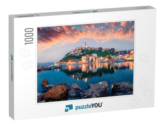 Breathtaking Evening Cityscape of Vrbnik Town. Dramatic S... Jigsaw Puzzle with 1000 pieces