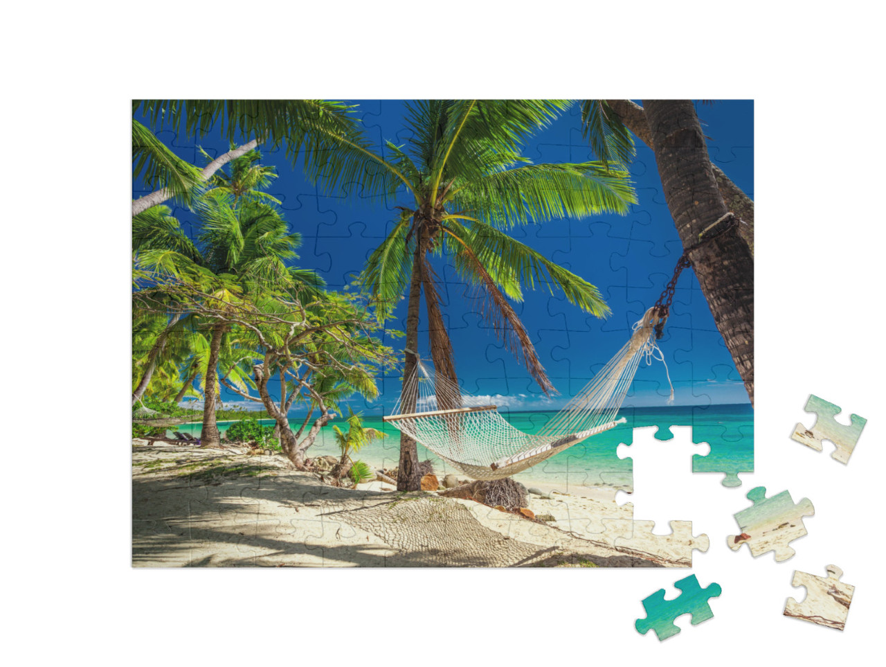 Empty Hammock in the Shade of Palm Trees on Tropical Fiji... Jigsaw Puzzle with 100 pieces