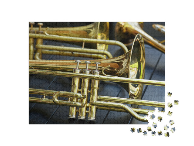 A Close-Up of a Brass Cornet or Trumpet Lies on a Boot in... Jigsaw Puzzle with 1000 pieces