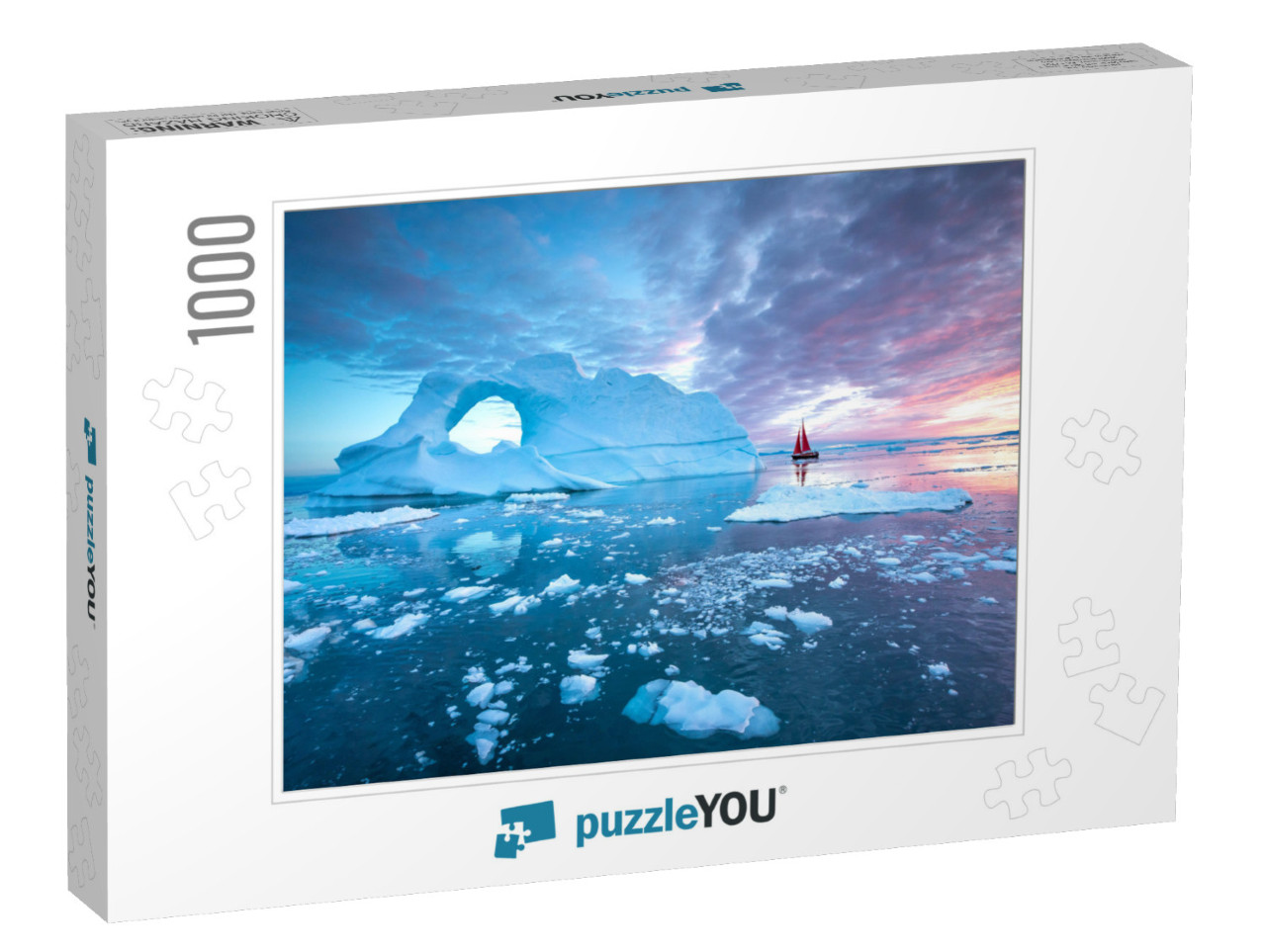 Little Red Sailboat Cruising Among Floating Icebergs in D... Jigsaw Puzzle with 1000 pieces