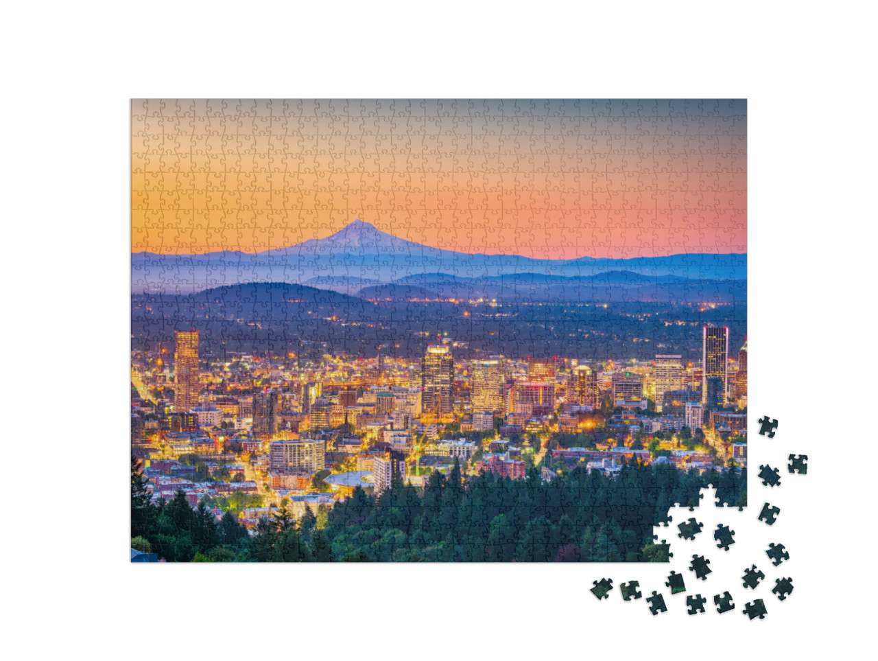 Portland, Oregon, USA Skyline At Dusk with Mt. Hood in the... Jigsaw Puzzle with 1000 pieces