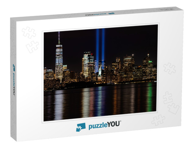 9/11 Memorial Lights with Statue of Liberty Shot from New... Jigsaw Puzzle