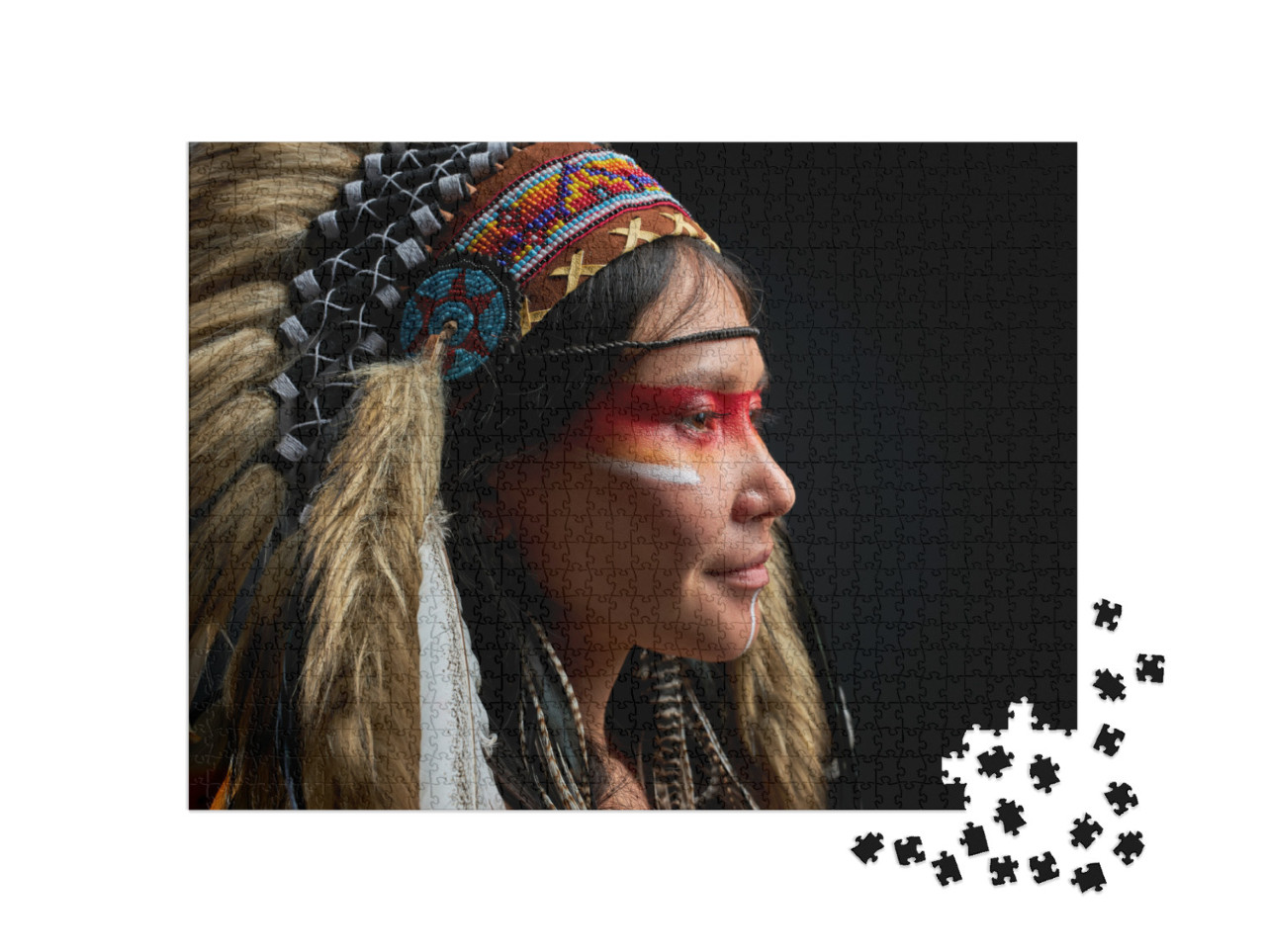 Woman in Traditional Feather Headdress and Accessories Jigsaw Puzzle with 1000 pieces