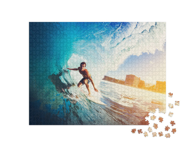 Surfer on Blue Ocean Wave Getting Barreled At Sunrise... Jigsaw Puzzle with 1000 pieces