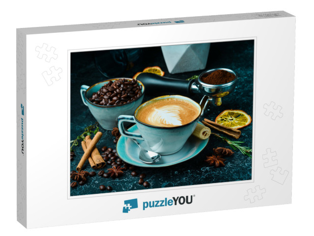 Cappuccino Coffee with Milk in a Cup. on a Black Stone Ba... Jigsaw Puzzle